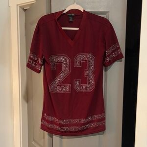 FASHION NOVA Women's Burgundy Rhinestone 23 V-Neck Top